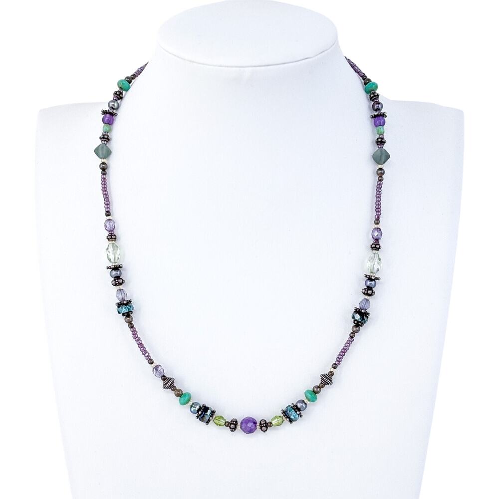 Vintage Sterling Silver 925 Multi-Gemstone Beaded Necklace 16.25"